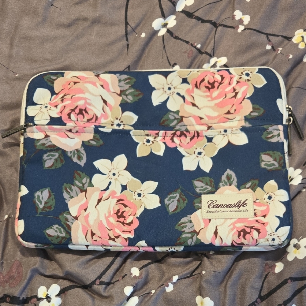 Floral Laptop Bag - Navy and Pink